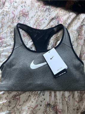Nike Gray & Black Dri-FIT Racerback Sports Bra with White Swoosh